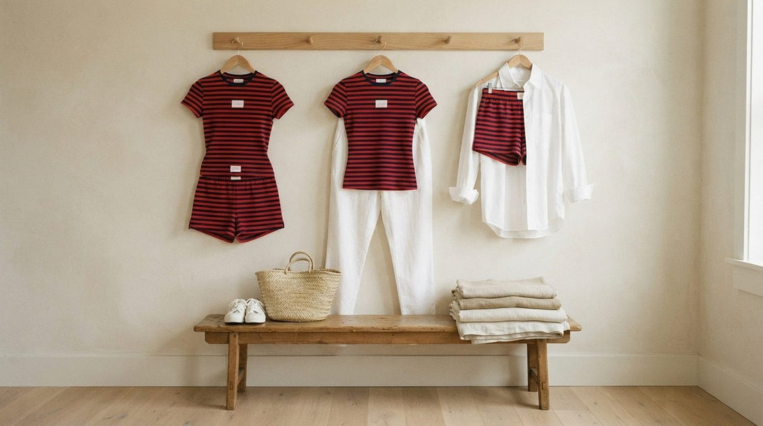 The Oxford Stripe Set styled three ways on a plaster wall rail