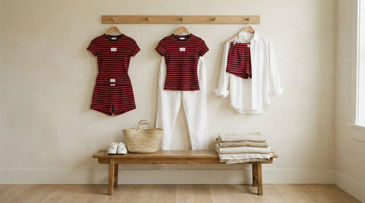 The Oxford Stripe Set styled three ways on a plaster wall rail