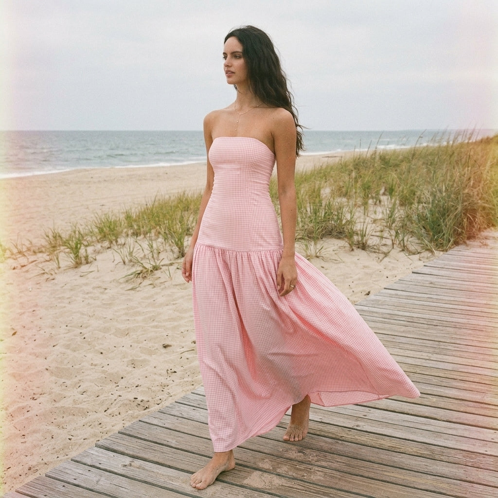 Gingham Strapless Drop Waist Maxi Dress