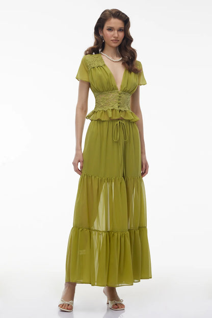 Pleiade Green Floral Lace Chiffon Top & Skirt Set