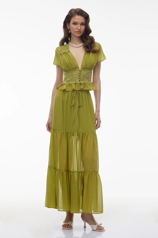 Pleiade Green Floral Lace Chiffon Top & Skirt Set