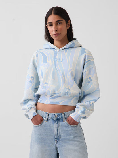 VintageSoft Blue Print Crop Logo Hoodie