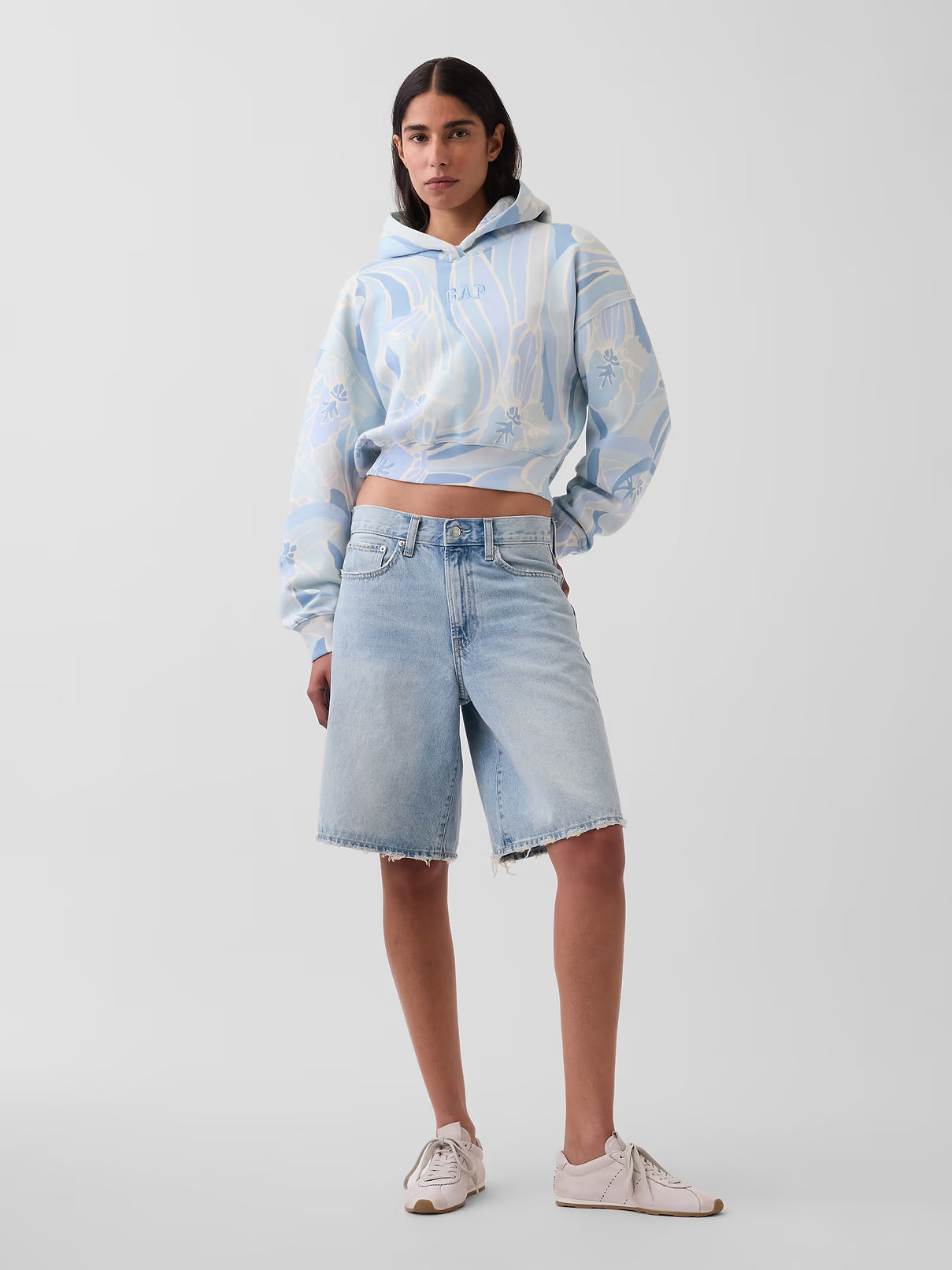 VintageSoft Blue Print Crop Logo Hoodie