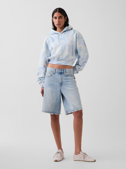 VintageSoft Blue Print Crop Logo Hoodie