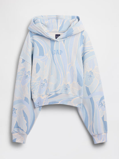 VintageSoft Blue Print Crop Logo Hoodie