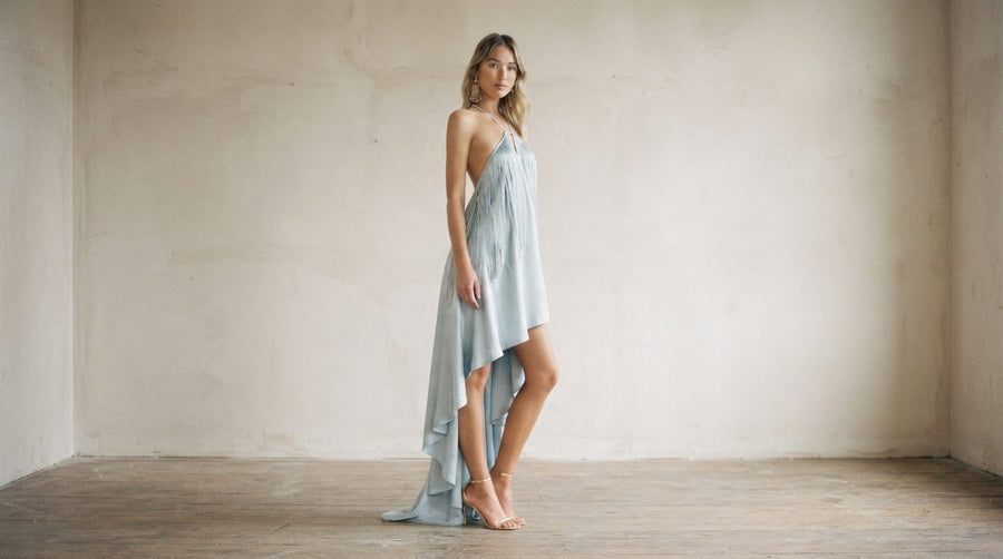 Pale blue Generosity Dress in a bright minimal room