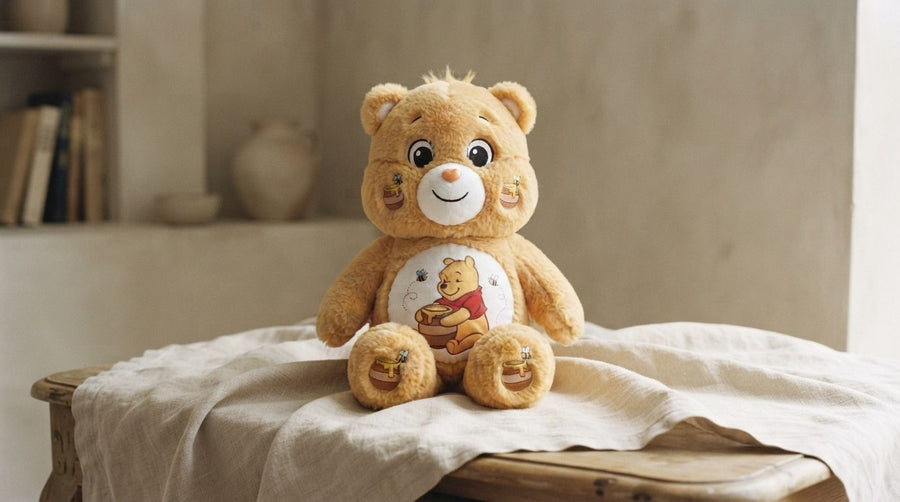 Winnie the Care Bear plush on a linen throw