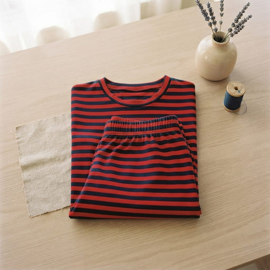 Oxford Stripe Set folded flat-lay with linen and thread